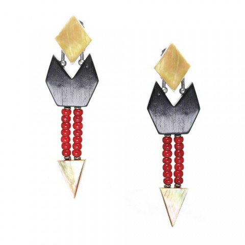 Серьги из тигрового дерева, коралла и черного перламутра AMAZONE 12--25392