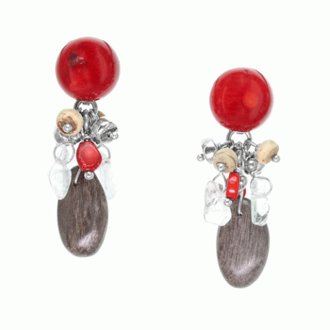 Серьги из кокоса, коралла, горного хрусталя и серого эбенового дерева ICELAND 12--34907